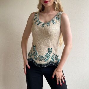Vintage 1960s White Sequined Top With Blue Beading (M)